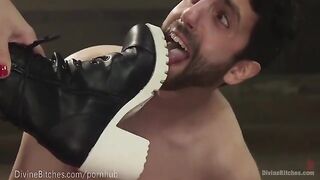The muscled dominatrix beats and dominates her slaveboy in a thrilling HD scene
