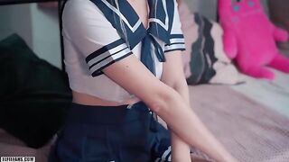 A cute schoolgirl was fucked by a guy and received a creampie and facial
