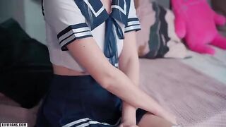 A cute schoolgirl was fucked by a guy and received a creampie and facial