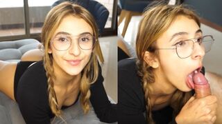 The cute girl receives a huge dick in her throat and gets fucked hard