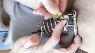 Femdom milking with chastity e-stim and intense orgasmic release
