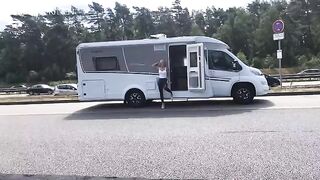 Public cum shot on the A1 motorway in wet look leggings - drive-in fetish fun