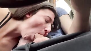 Real couple on a public road trip, giving blowjobs on the way