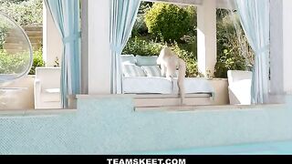 Skinny yoga girl Lola Fae gets fucked by the pool by a big dick