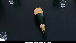 Sluts Cielo West and Kourtney Rae dare each other to fuck their stepdads in a spin-the-bottle game