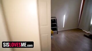 Sexy step sister interrupted during her online performance