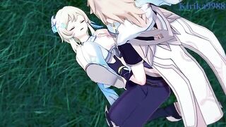 Aether and Futa Lumine fucked Paimon in the meadow