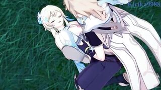 Aether and Futa Lumine fucked Paimon in the meadow