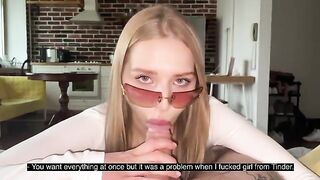 A pretty slut gets her glasses covered with sperm after a hot session