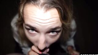The petite Mona Blue got her throat full of cum after a risky BJ session