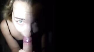 The petite Mona Blue got her throat full of cum after a risky BJ session
