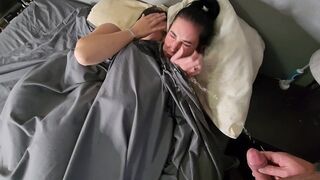 A guy peed on two girls in bed, and they got their panties wet