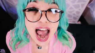 Fat cock slut Little Puck gets her face covered with cum