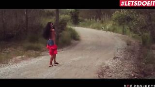 Short-haired brunette Alexa Tomas masturbates outdoors before getting fucked