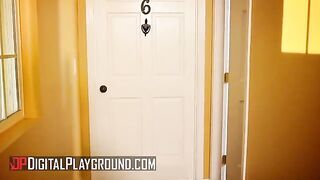 A hot blonde Scarlet Red has sex with her boyfriend while their neighbor masturbates