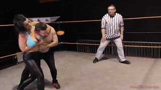 Brunette femdom Nadia White crushes her opponent’s cock in a match