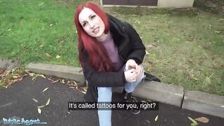 A public agent paid a British redhead to show off her pierced tits and fuck in the basement