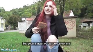 A public agent paid a British redhead to show off her pierced tits and fuck in the basement
