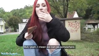 A public agent paid a British redhead to show off her pierced tits and fuck in the basement