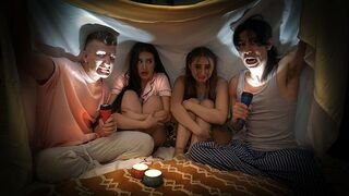 Two naughty boys scared and fucked Aubrey Valentine and Penelope Kay in a steamy swap