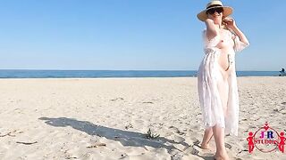 First time posing nude and having sex on a public beach, damn hot!