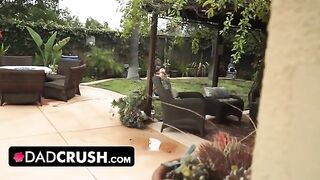Fit babe lets pervert stepdad move her panties and finger fuck her outdoors