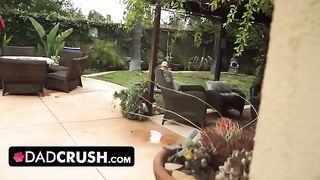 Fit babe lets pervert stepdad move her panties and finger fuck her outdoors
