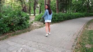 A hot mini-skirted girl was fucking in the park and got cum in her mouth