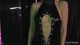 Inked skinny teen AngelQ stripping on a stage in HD