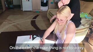 The shy student could not resist her tutor and took him by the balls in her mouth