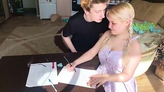 The shy student could not resist her tutor and took him by the balls in her mouth