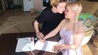 The shy student could not resist her tutor and took him by the balls in her mouth