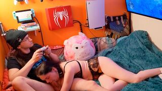 A free use milf relaxes with a blowjob while playing Elden Ring
