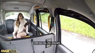 A fake taxi ride turns into a wild sex session with a busty Brit babe
