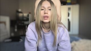 A cute girl shows her body and helps her boyfriend finish