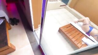 A red hair girl has sex in the bikini with an employee in a public place