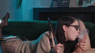 Nerdy girl in glasses smokes and sucks cock before 69