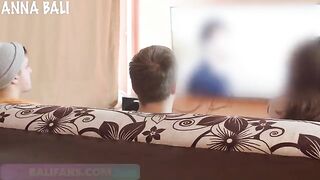 A girl took a risky blowjob from a friend on the couch, barely hiding in time