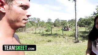 Ebony chick Adrian Maya woke up early and fucked by a worker in the garden