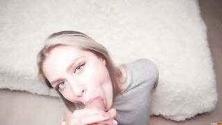Deeper, deeper blowjob with cum on perky tits