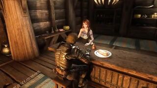 Ysolda seduces a traveler in her tavern, Skyrim style