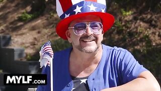 Sexy busty MILF Ariella Ferrera seduces her stepson’s friends on 4th of July