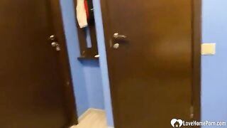 The guy is fucking his extra hot teenage girlfriend in hardcore home vid