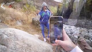 A hot girl is fucking with her boyfriend in the wood after photo shooting
