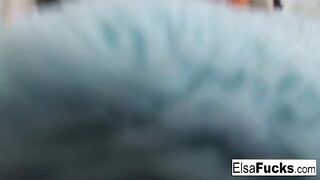 A blonde with small boobs rubs her pussy, showcasing Elsa Jean’s tight, slender frame in a sensual solo scene