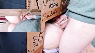 Babe fucked in her tight pussy through the glory hole three times