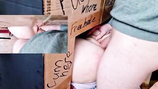 Babe fucked in her tight pussy through the glory hole three times