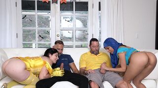 Two hot stepdaughters in costumes get their stepdads’ cock hardened