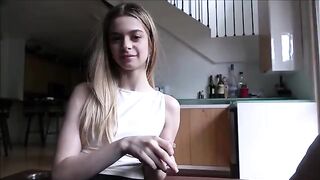 A tiny girl practices sex with her stepfather using her tongue