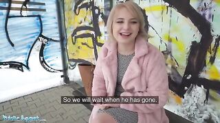 Short haired blonde teen gets picked up by Public Agent at the bus stop